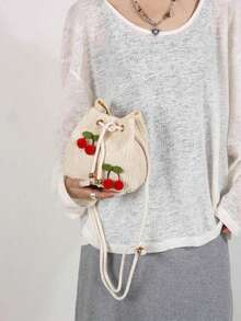 Strawberry Fashion New Shoulder Crossbody Bag Handbag Commuter Bag Drawstring Bucket Bag Minimalist Cherry Shoulder Bag, Summer, Straw Bag - Beige - View 8