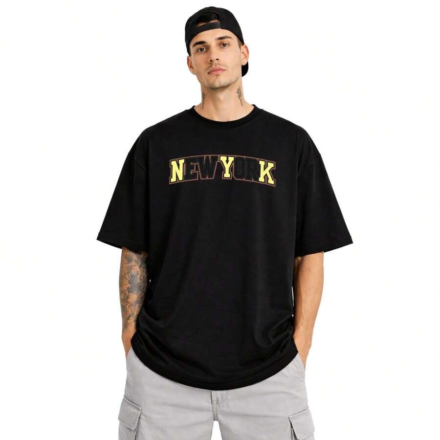 Men's Oversized Cotton Crew Neck Printed T-Shirt For Gym - Comfortable - Preto Marrom - View 1