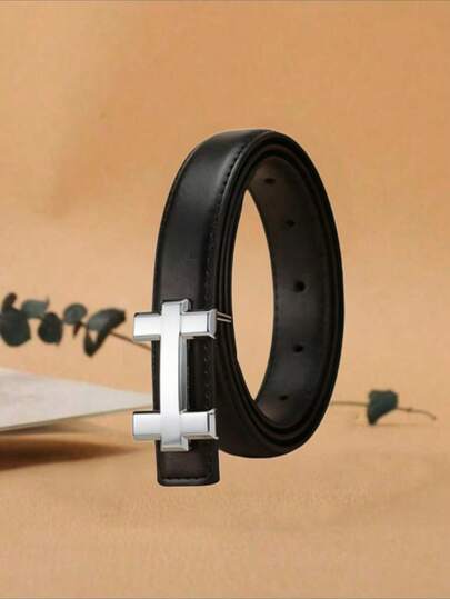 Sleek Black Faux Leather Belt For Men, Silver H Buckle Design, Perfect For Business & Daily Wear