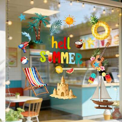 1/2 piezas Pegatinas de ventana con temática de playa de Hawái y árbol de coco tropical - Reutilizables, adhesivos de PVC estático de doble cara - Ideal para decorar restaurantes, dormitorios, baños y salas de estar