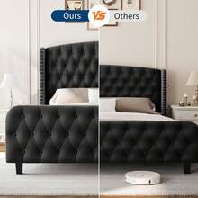 Marco de cama tapiceada de terciopelo, Cama de plataforma reina / rey con cabecera y pie de espalda con botón profundo, No se necesita muelle de caja, Capacidad de 1000lb - Negro-Queen Size - Ver 5