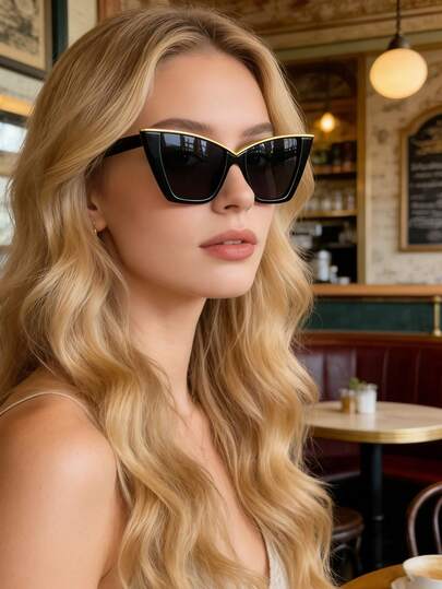 Oversized Cat-Eye Square Frame Fashion Eyewear With Gold Accent Trim Bold Retro Style For Women Perfect For Streetwear & Everyday Outfits