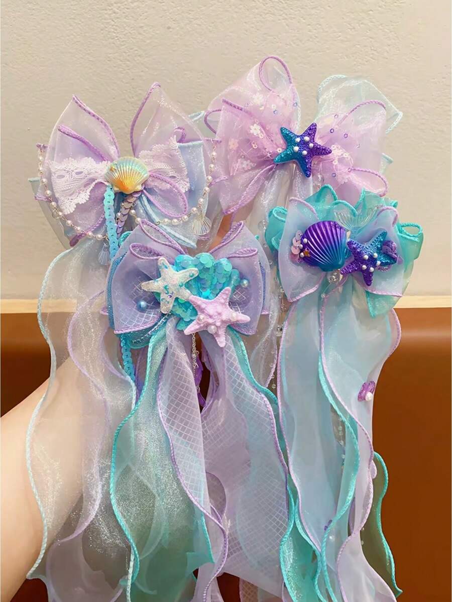 1/2 piezas Clips para el cabello con lazo de malla y estrella de mar de moda minimalista para adolescentes, serie oceánica, versátil para fiestas y vacaciones, accesorios para el cabello - Multicolor - Ver 1