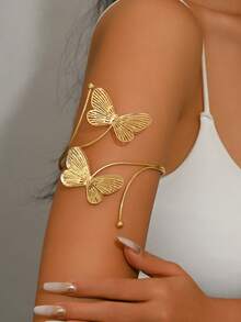 1pc Fashionable Hollow Out 3D Butterfly Metal Arm Cuff Bracelet, Minimalist Geometric Open Adjustable Arm Decor, Suitable For Music Festivals, Parties (Butterfly Direction Random) - Gold - View 2