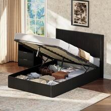Modern Bed With Grooved Design And Hydraulic Lift System – Large Storage Space, Stable Solid Wood Slats, Easy-Care Surface – 140 X 200 Cm – Black - Black - View 2