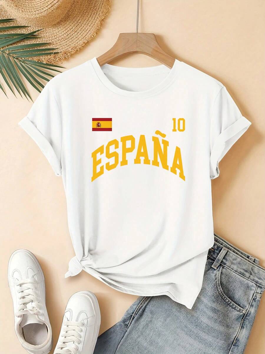 Camiseta de Mujer con Bandera de España - Manga Corta, Cuello Redondo, Top Casual de Verano, Estampado de la Bandera Tricolor Española, Blusa Lavable a Máquina para Fanáticos Españoles, Regalo para Mujeres - [Blanco] - Ver 1