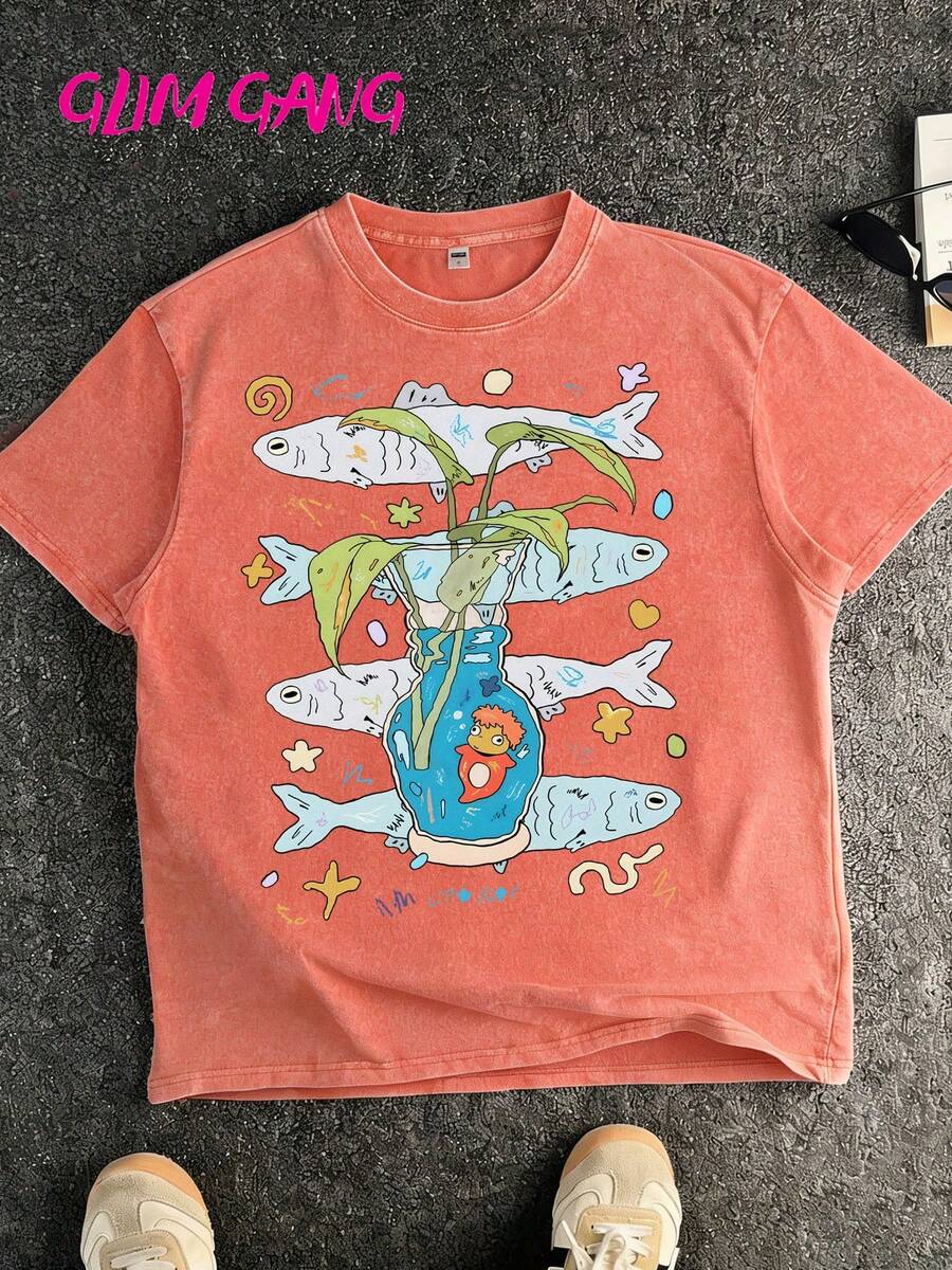 Vintage Studio  Ponyo T-Shirt, Retro Anime Graphic With Goldfish & Plant In Vase, Soft Cotton Tee For Hayao Miyazaki Fans & Casual Outings100% Cotton Vintage Washed 230gsm T-Shirt, Summer Street Style Casual Printed Tee, Ideal For Daily Outings & Holiday Gifts - Màu Cam san hô - Xem 1