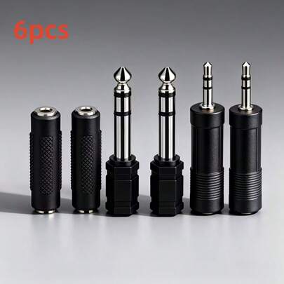 6个3.5mm转6.5mm音频适配器，双面接口 - 兼容电脑、麦克风、吉他、音箱、耳机等 - 耐用塑料材质，适用于电脑和音乐设备 - 是家庭工作室和现场音响系统的理想之选
