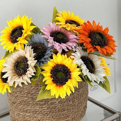 1/6 Girasoles simulados, flores artificiales adecuadas para decoración del hogar, interior y exterior, se pueden usar para decoración de regalos para amigos, regalo del Día de la Madre, decoración del Día de la Madre, ramo de novia, decoración de mesa, decoración de habitación, decoración del hogar, decoración de boda, decoración de sala de estar, decoración de cocina, decoración de primavera, flores falsas, decoración de mesa de graduación, flores de boda