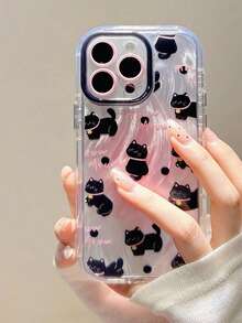 1pc Gradient Polka Dot Cute Cat Phone Case, Suitable For IPhone 17 Pro Max, 17 Air, 17, 17 Pro, 16, 15, 14, 13, 12, 11 Pro Max Plus, Shockproof Protective Cover - Black - View 2