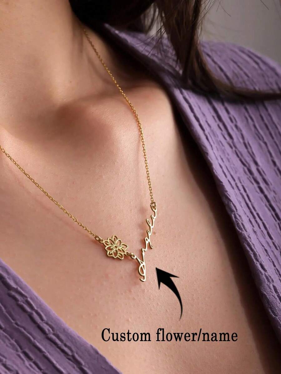 1pc Exquisite Birth Flower And Name Combo Necklace, Personalized Name Necklace With Birth Flower, Custom Name Necklace, Women's Necklace, Custom Necklace, Gold Necklace, Women's Jewelry, Personalized Gifts, Name Necklace, Custom Gifts, Christmas Gifts, New Year, Birthday, Anniversary, Valentine's Day Gifts, Gifts For Girlfriend, Necklaces For Mom
