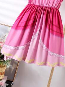 Girls Peach Princess Dress Ruffle Sleeve Gem Emblem Casual Party Dress Young Girl's Birthday Outfit Summer Clothing - Hot Pink - View 7