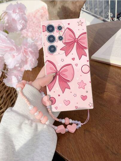 1pc White TPU Butterfly Print Shockproof Full Coverage Phone Case & 1pc Pink Heart Pearl Beaded Bracelet, Fashionable Versatile Creative Personalized Full Protection Soft Case Suitable For Gifting To Girlfriend/Boyfriend, Best Friend/Sibling, Wife/Husband, Partner, Family/Friend, Boss/Colleague, Compatible With IPhone/Android Phones