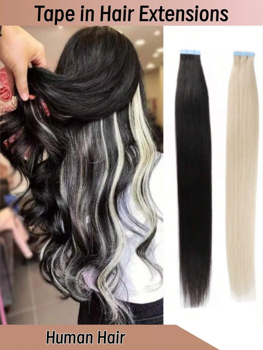 [40–65 Cm, 20 Pieces/Pack/50 G] Thick Tape-In Hair Extensions, Straight Remy Human Hair, Invisible Tape-In Human Hair Extensions. Suitable For Women - 1B60# - View 1