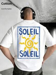 T-shirt ample à manches courtes avec graphique solaire, décontracté pour homme, été - Blanc - Voir 1