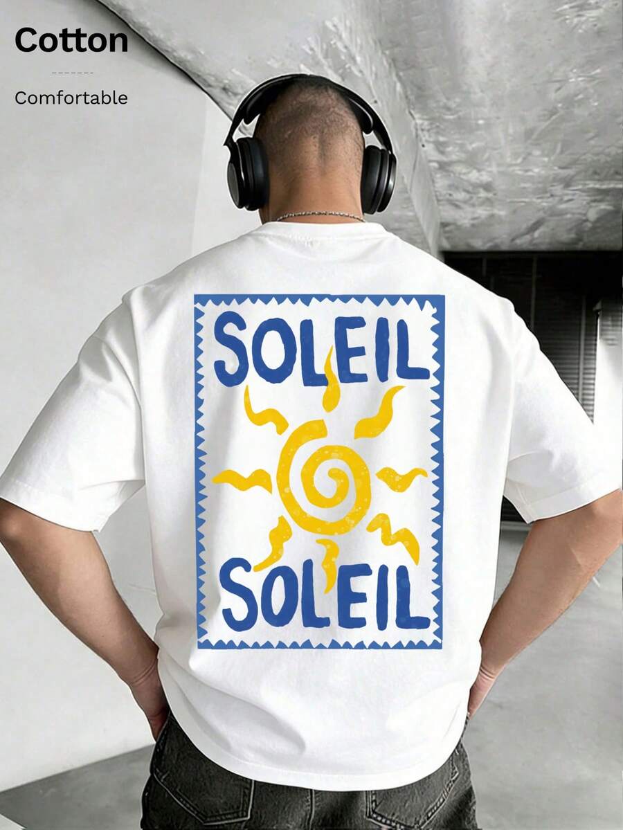 T-shirt ample à manches courtes avec graphique solaire, décontracté pour homme, été - Blanc - Voir 1