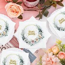80/40/20pcs 13 * 13 Inch Eucalyptus Leaf Flower Themed Disposable Napkins, Made Of Pink/Light Orange Flowers Forming A Wreath, Paired With Golden Strokes And Hot Stamping The Words "Happy Birthday", Used For Outdoor Birthday Picnics, Family Birthday Banquets, Light Luxury Parties, Wedding Banquets, And Restaurant Decorations - View 9