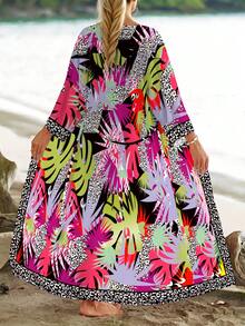 26SS 女士热带印花系带和服休闲连衣裙，宽松沙滩罩衫，泳衣罩衫，夏季度假装 - 紫色 - 查看 2