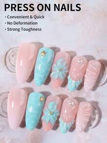 24pcs Long Almond-Shaped 3D Gel Nail Stickers, Ocean & Floral Nail Art, Decorated With Seashells And Pearls, French Tip Design, Short Full Cover Fake Nails Set, Includes: 1pc Jelly Gel And 1pc Nail File - Multicolor - View 3