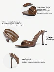 女士高跟镜面穆勒鞋，束腰经典春夏晚宴派对户外时尚街头T台婚礼居家休闲鞋，束腰单带尖头电镀细高跟凉鞋，搭配高品质亮面纯色材质，一脚蹬优雅高端时尚巧克力色鞋履，优雅高跟鞋 - 巧克力棕 - 查看 8