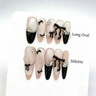 10 Pcs Handmade Sweet Cool Black & White French Bow Press-On Nails, 3D Ribbon Rhinestone Nail Art, Long Almond Shape Fake Nails With Removable Design, Niche High-End E-Girl Style Finished Nail Tips, Reusable & Nail-Friendly, Perfect For Parties, Dates, Commute & Daily Wear, Delicate Hand-Painted Details, Glossy Finish, Y2K Aesthetic, Easy To Apply & Remove, No Damage To Natural Nails, Ideal Gift For Fashion Lovers & Nail Art Enthusiasts