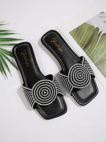 2026 New French Style Crystal Embellished Square Toe Flat Slide Sandals, Elegant Slip-On Suitable For Dresses, Spring/Summer/Autumn - Black - View 7