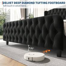 Marco de cama tapizado de terciopelo con cabecera y pie de espalda con botón profundo, Marco de cama de plataforma, No se necesita muelle de caja - Negro-Queen Size - Ver 3