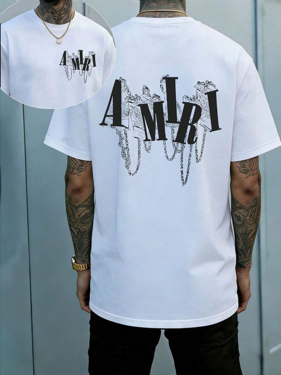 AMIRIs Chain Drip Letter Y2K T-Shirt Double Sided Printed (220g 100% Cotton T-Shirt),Summer Clothes, Men's Tops, Casual And Comfortable, Fashionable Graphic Tee, Unisex Style - 白色 - 查看 1