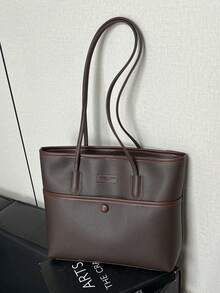 Minimalist Luxury Commuter Tote Bag, Practical Front Pocket, Large Capacity Solid Color PU Handbag For Daily Use And School - Coffee - View 4