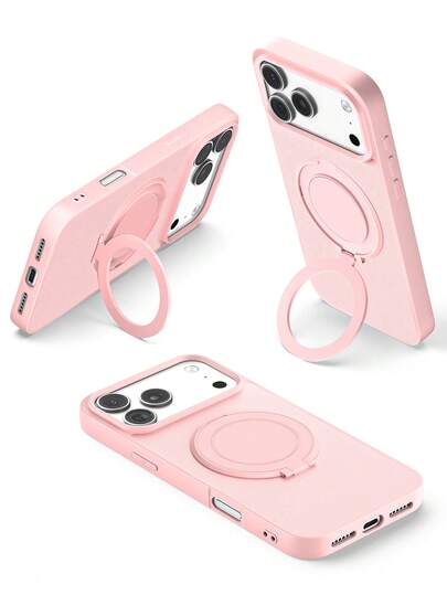 粉色纯色手机壳，带支架，兼容 13/11（6.1英寸），也兼容 16、15、14、13、12、11 Pro/Max/Mini。采用硬质塑料材质，配备支架和指环扣，具有防震功能。另有： 16 Pro Max手机壳、Galaxy S25 Ultra折叠支架手机壳、 17 Pro Max 360°旋转支架手机壳以及超薄 11手机壳（春季礼品款）。