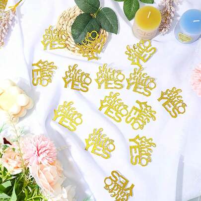 100片金色“她说愿意”纸屑，带钻石戒指图案 - 求婚派对装饰，适用于单身派对、新娘送礼会、订婚餐桌摆饰、DIY求婚婚礼回礼、求婚派对礼物纸屑