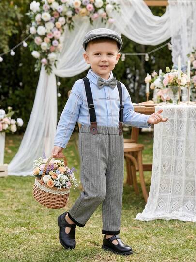 BOARNSEORL 两件套男童绅士套装，随机条纹衬衫搭配灰色背带裤，含帽子和领结，适合帅气男孩，适合婴儿派对、生日派对、正式场合、婚礼、花童正式着装。