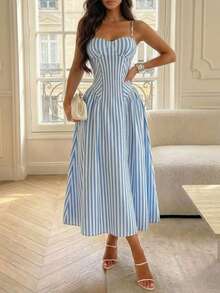 女士优雅蓝白条纹心形领吊带喇叭中长连衣裙，时尚休闲度假连衣裙 - 藍白色 - 查看 9