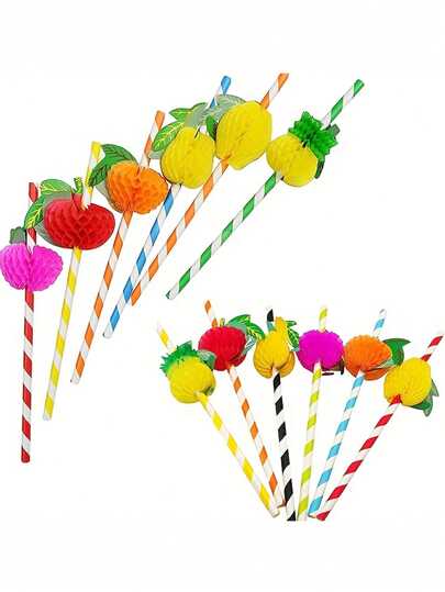 3D Fruit Cocktail Paper Straws - Colorful Pineapple, Strawberry, Banana And Lemon Patterns, Suitable For Parties, Bars, Cocktails - Durable Party Supplies, Holiday Drink Accessories, Tableware, Bar Essentials, Fruit Birthday Party Decorations, Birthday Decor, Birthday Straws, Tropical Hawaiian Beach Pool Party Decorations