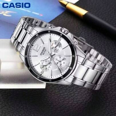  Đồng hồ nam Casio MTP-1374D bấm giờ, mặt số bạc, dây thép không gỉ, chống nước 50M, máy quartz.