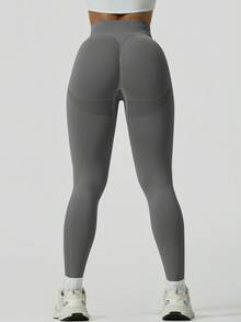 NcmRyu 1pc Women's Seamless Ribbed Elastic Slimming Sports Leggings - Dark Grey - View 6