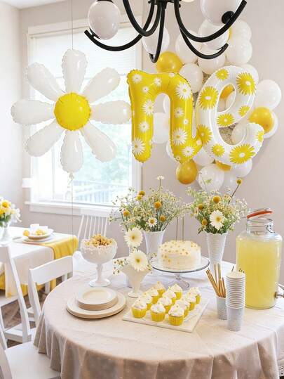 1/11pcs Daisy Print Letter Balloon Set, Includes Floral Shapes, Yellow & White Latex Balloons, Suitable For Birthday Party, Anniversary, Home Decor, Spring Garden Decor, Boho Theme Party, Daisy Theme Party, 1st Birthday, Photo Backdrop