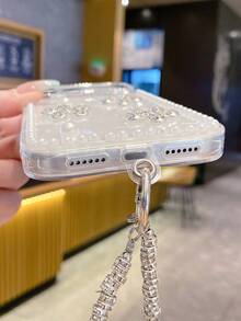 Luxury Rhinestone Flower Pearl Butterfly Shell Pattern Phone Case + Rhinestone Chain Strap, Suitable For IPhone 17 Pro Max/16/15/14/13/12/11, Pearl Rhinestone Phone Lanyard - Multicolor - View 8