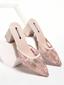 New Chinese Style White High Heel Mules, Pointed Toe Lace Embroidery Convertible Sandals For Women,Summer Shoes,Mothers Day Gift - Pink - View 7