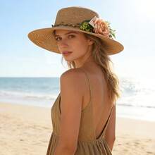 JEWELRYWE Women's Straw Sun Hat, 3D Artificial Flower Decoration, Flat-Top Sun Protection Hat, Vacation Style Beach Hat, Suitable For Summer Outdoor Casual - 米色 - 查看 6