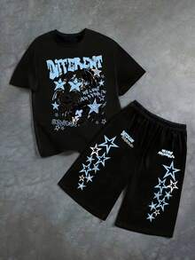 2pcs/Set Boys' Casual Cartoon Print Short Sleeve Round Neck T-Shirt + Pants - Black - View 1