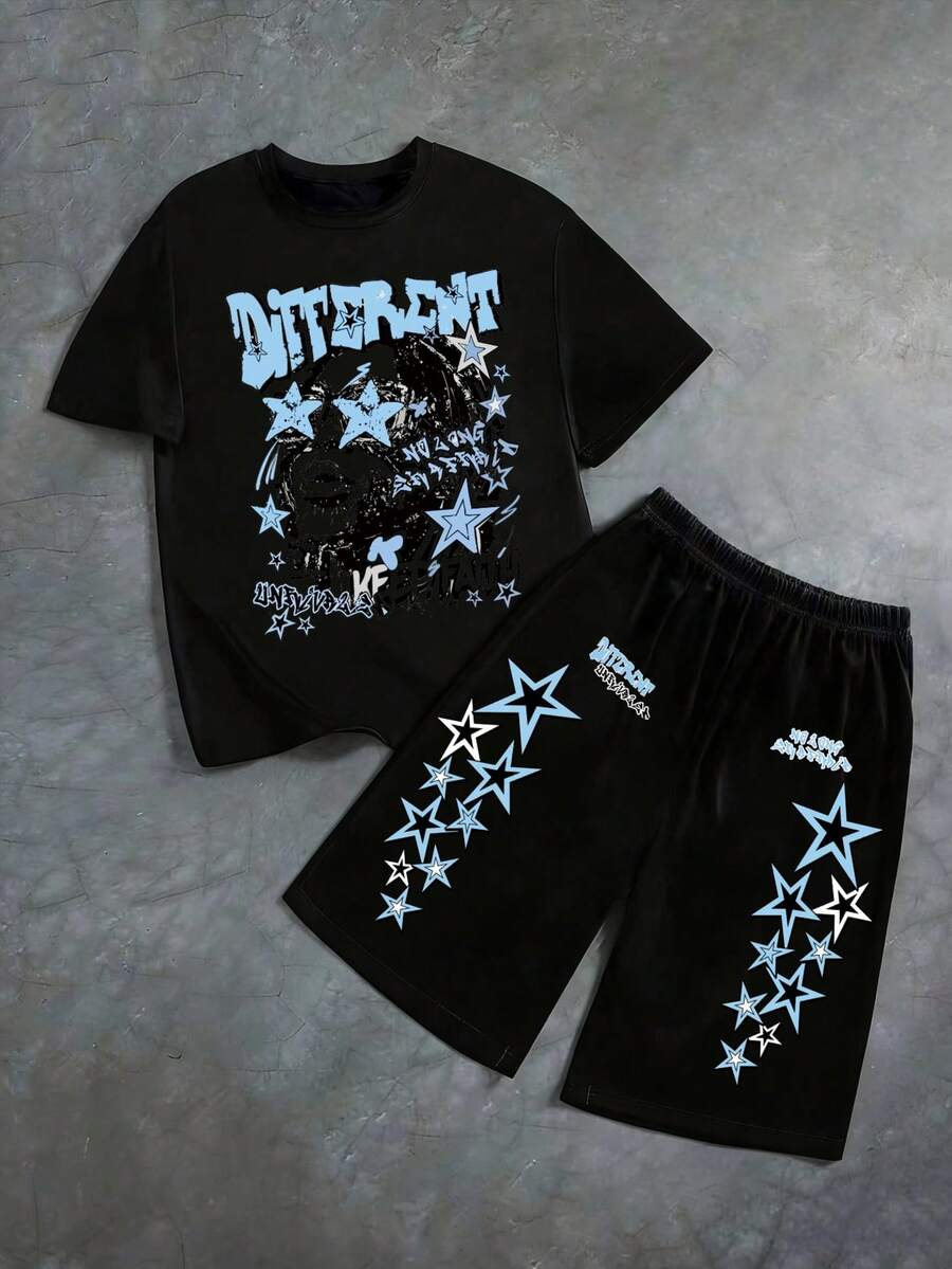2pcs/Set Boys' Casual Cartoon Print Short Sleeve Round Neck T-Shirt + Pants - Black - View 1