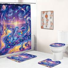 1pc/4pcs Fantasy Ocean World & Cosmic Marine Elements Pattern Multifunctional Bathroom Decor Shower Curtain Set, Free 12 Hooks Included, Elegant Holiday Atmosphere, Bathroom Mat, U-Shaped Toilet Mat And Round Toilet Mat, Suitable For All Scenarios Bathroom Set - E - View 4