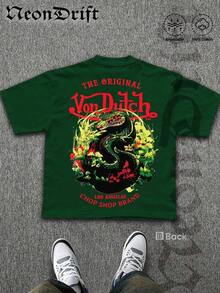 2026 New Arrival Unisex  Snake Graphic T-Shirt, Summer Cotton Pink Crew Neck Short Sleeve Oversized Tee, Vintage Los Angeles Chop Shop Print Casual Top For Streetwear & Y2K Outfits, Camiseta De Cuello Redondo - Forest Green - 查看 3