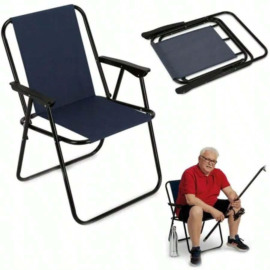 Folding Garden Chairs, Portable Outdoor/Indoor Seating With Armrests - Navy Blue - View 1