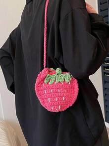 Cute Strawberry Knitted Pouch, Handmade Niche Design Woven Bag, Coin Crossbody Purse, Strawberry - 粉色 - 查看 8