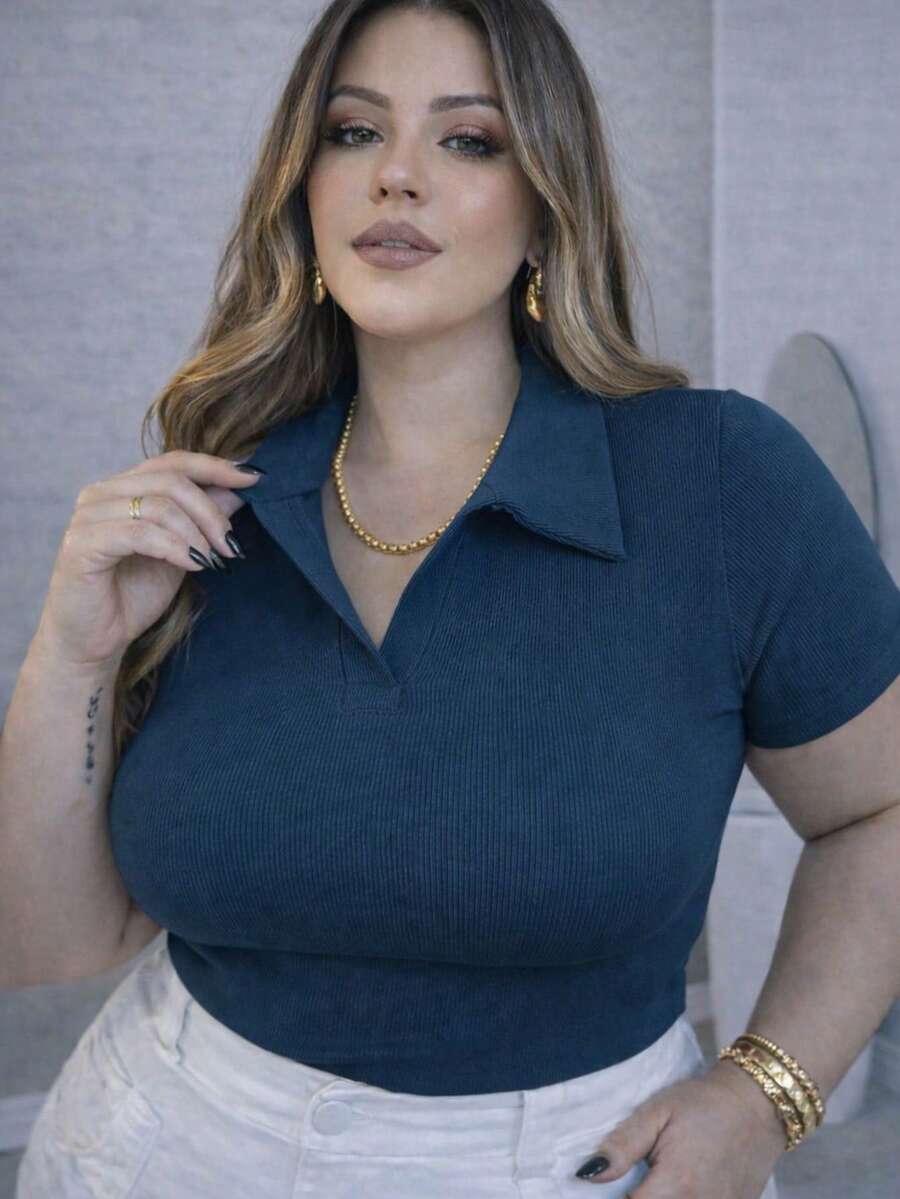 T-Shirt, Polo Shirt, Ribbed Cotton Shirt, Comfortable, Elegant, Everyday Casual, Plus Size. - Teal Blue - View 1