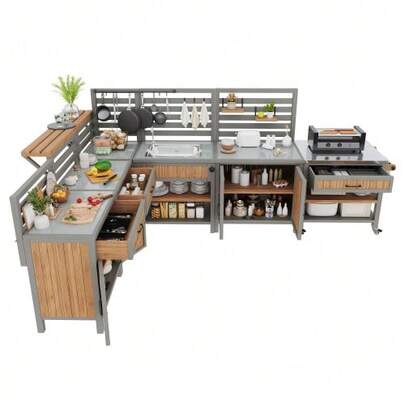 BBQ Side Table, Mobile Garden Cabinet, Weatherproof, Stainless Steel Worktop, Outdoor Sideboard, Garden Cabinet With Water Basin & Tap And Integrated Bottle Opener