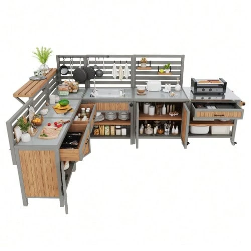 Table d'appoint pour barbecue, meuble de jardin mobile, résistant aux intempéries, plan de travail en acier inoxydable, buffet d'extérieur, meuble de jardin avec lavabo, robinet et ouvre-bouteille intégré - Naturel - Voir 1
