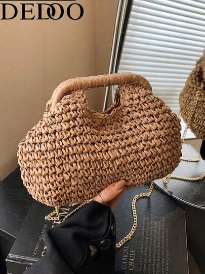  Dedoo 1 件装时尚手提编织包 春夏新款简约度假旅行沙滩纸编织斜挎包 流行单肩包 适合度假旅行、搭配时尚服饰、与朋友购物、假日、编织包、草编包